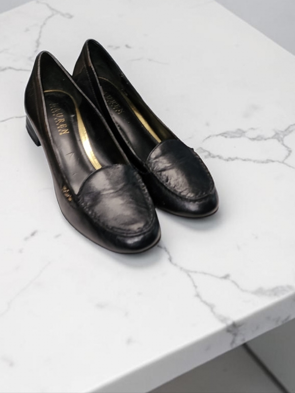 Women Vintage Leather Black Pumps/Loafers By Ralph Lauren Size 9B